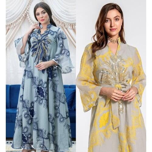 Middle East Cross-border Abaya Muslim Ethnic Style Womens Beaded Beaded Flower Evening Dress Big Dress