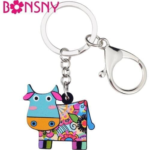 Bonsny Acrylic Anime Cartoon Cow Dairy Cattle Key Chains Keyring For Women Girl Bag Purse Car Ladies Pendant Wallet Charms GIFT