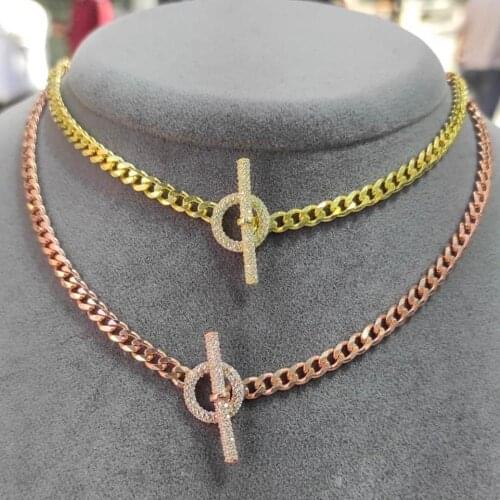 Gold Color Curb Cuban Chain 5MM Width Miami Cuban Link Chain Iced Out 5A Cubic Zirconia Paved CZ Toggle Clasp Choker Necklace