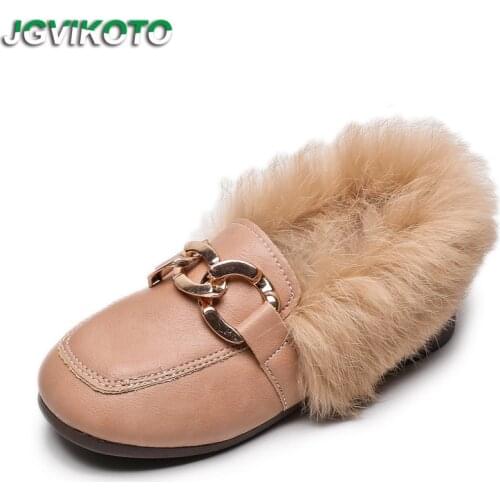 Kids Casual Shoes For Girls Winter Cotton Shoes For Toddlers Girl & Children Flat Loafers With Thick Fur Hairy Metal Chain 21-30