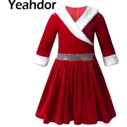 Kids Girls Christmas Xmas Cosplay Costume Dancewear Long Sleeve Faux Fur Trimming Velvet Baton Twirling Figure Ice Skating Dress