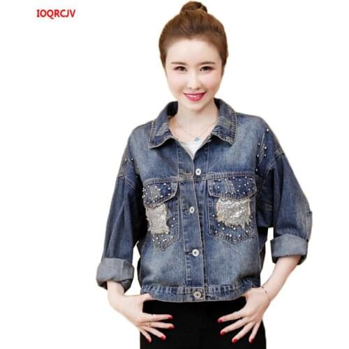 Denim Jacket Women New Spring Womens Jean Jackets Pearl Beading Short Denim Jacket 2019 Women Casual Loose Denim Coat W1891