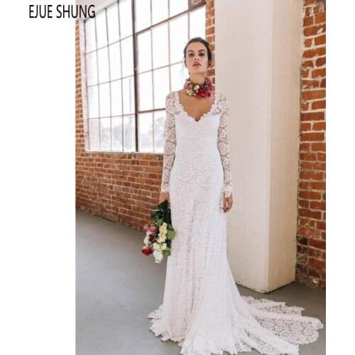 EJUE SHUNG White Sheath Lace Wedding Dresses V Neck Long Sleeves Elegant Backless Wedding Gowns Bride Dresses robe de mariee