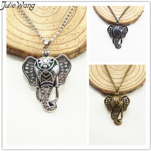 Julie Wang 1PC/Pack Vintage Style Three Color to Choose Elephant Cage Locket Necklace Yoga Oil Diffuser Jewelry Party Accessory