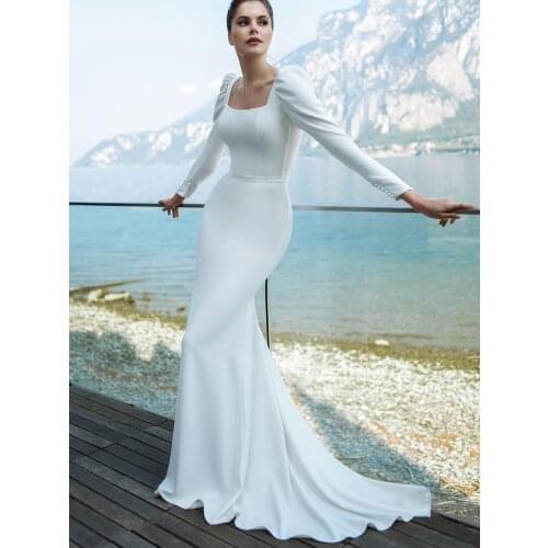 Square Neck Long Sleeves Satin Wedding Dress Beach Outdoor Closed Back Buttons Custom Made Mermaid Bridal Gown Plus Sizes