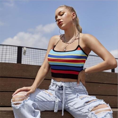 Summer Women’s Knitted Camisole Colorful Stripes Sling Vest Low Neck Backless Crop Tops Slim Fit Ladies Halter Casual Tank Top