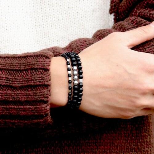 2021 Fashion 3pcs/set Mens Bracelets Natural Hematite Onyx Stone Beaded Braslet Strand Cool Biker Jewelry Accessories For Him