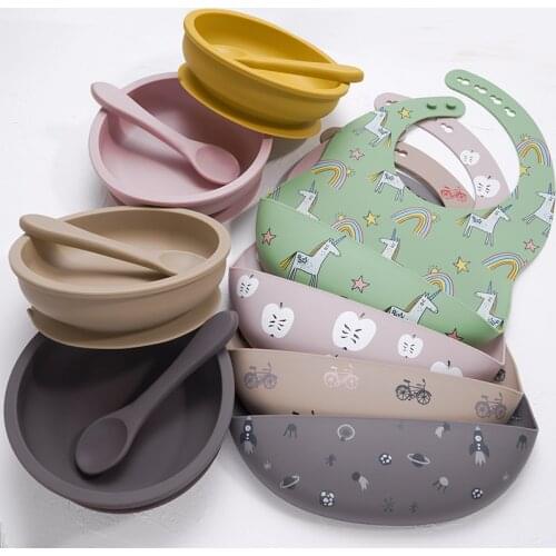 Baby Tableware Set Waterproof Cartoon Kid Bibs Non-Slip Feedings Silicone Bowl Newborn Accessories Baby Feeding Supplies