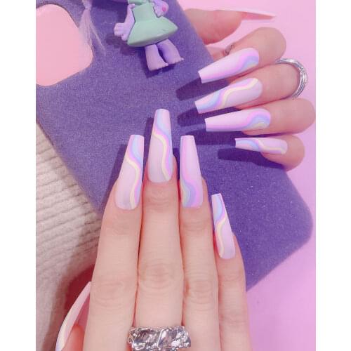 24Pcs/Box Detachable Purple Flame Ballerina False Nails Artificial Long Coffin French Fake Nails Full Cover Acrylic Nail Tips