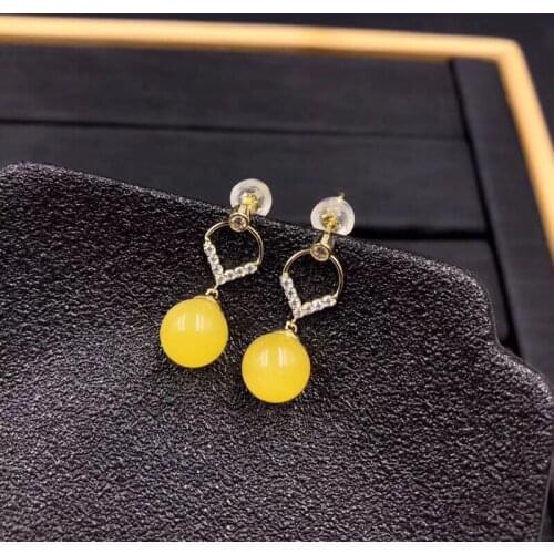 Natural 925 silver round amber earrings for women chic stud earring lady fashion baltic amber jewelry earrings