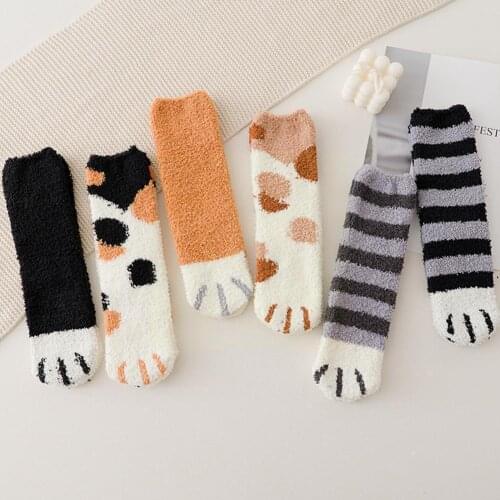 Autumn and Winter Coral Fleece Socks Female Cat Paws Floor Pile Half Fleece Thickening Fleece Sleeping Warm Plus Pile U5V9 O1A6