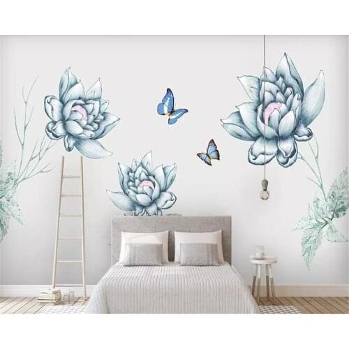 Beibehang wallpaper 3d on the wall papel de parede Hand-painted floral wallpaper blue butterfly 3d bedroom mural background wall