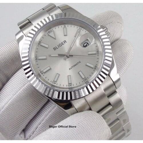 Luxury Business Mens Watch Sapphire Glass BLIGER 40mm Silver color Dial Automatic Movement Polished Case SS Strap