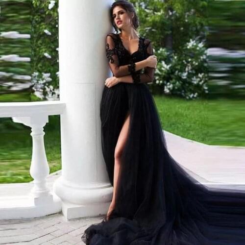 Sexy Black Two Pieces Gothic Wedding Dress Sheer Lace Long Sleeves Tulle Fairy Beach Bohemian Bridal Gown Plus Size
