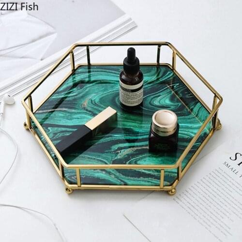 Nordic Agate Texture Storage Tray Multiple Styles Home Decor Plates Golden Metal Mirror Plate Skincare Jewelry Display Tray