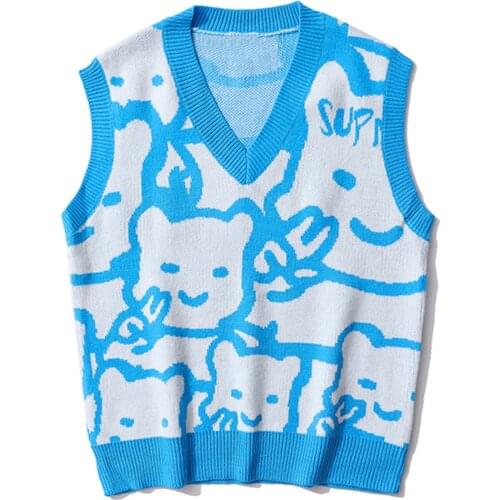 LACIBLE Harajuku Streetwear V Neck Sleeveless Sweaters Vest Scissorhand Rabbits Pattern Loose Sweater Pullover Waistcoat Tops