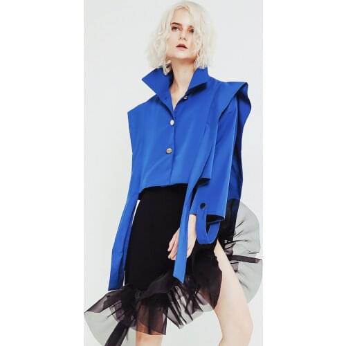 Trend Blue Retro Silhouette Trench Coat Loose Big Shoulders Long Ribbon Trench Coat Short Coat Fall 2020 Women Streetwear