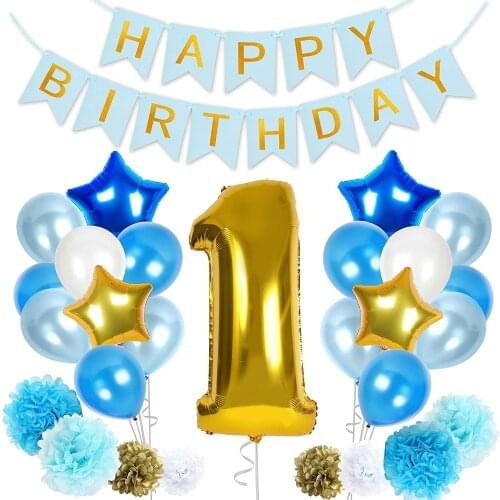 Babys First Birthday Decorations 1st Birthday Boy Decoration Kit in Beautiful Pastel Colors Giant Number One Mylar Balloon Kit