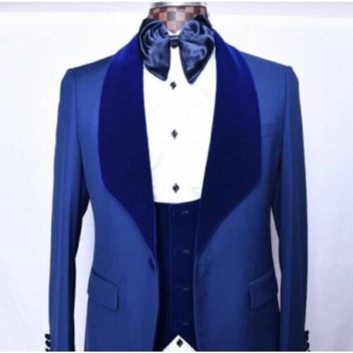 High Quality One Button Blue Groom Tuxedos Shawl Lapel Groomsmen Mens Wedding Prom Suits (Jacket+Pants+Vest+Tie) NO:98