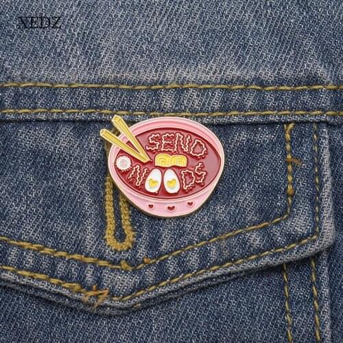 XEDZ Cartoon children pink bowl noodles chopsticks beans enamel pins men and women metal punk clothes lapel brooch gift