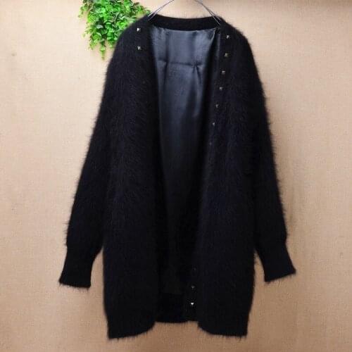 Ladies women fashion black hairy mink cashmere knitted long batwing sleeves loose cardigan winter angora fur jacket coat sweater