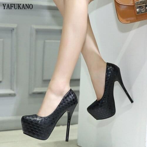 Women Pumps Plus Size 34-42 Lady Shoes Black Woven Lattice Platform High Heels Shoes PU Leather 12CM Nightclub Catwalk Shoes