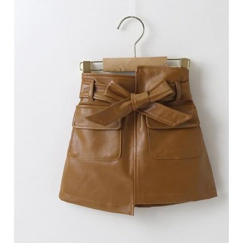 2-6 Years Old Kids Girls PU Leather Skirts Children Fashion Clothing Toddler Winter Solid Short Skirts Bow Sashes Cute Clothing