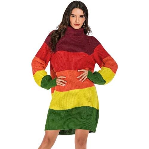 Neatie kiddie 2019 Autumn Winter Rainbow Patchwork Women Long Pullovers Sweater Turtleneck Long Sleeve Long Knitting Pull Femme