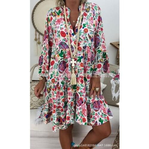Women Casual Long Dress V Neck Long Sleeve Print Fashion Plus Maxi Size Loose Ruffles Long Dress Vestidos Feminino Summer 2021