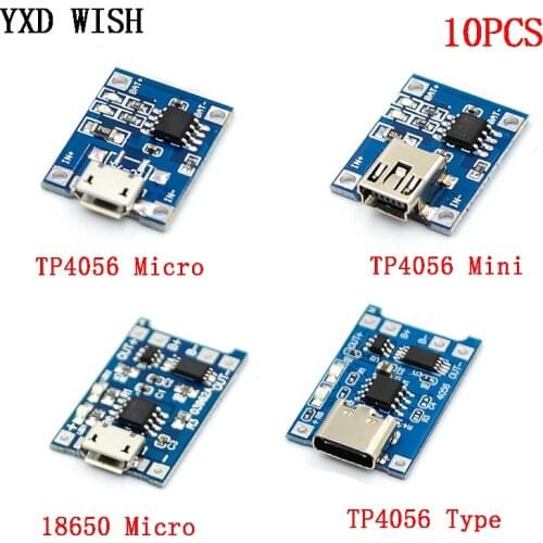 10pcs 5V 1A Micro USB 18650 Type-c Lithium Battery Charging Board Charger Module + Protection Dual Functions TP4056 18650 Li-ion