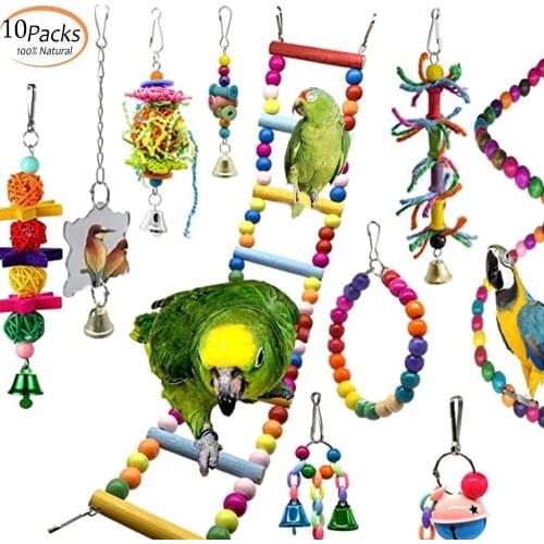 10 Packs Bird Swing Chewing Toys Parrot Hammock Bell Toys Parrot Cage Toy Bird Perch with Wood Beads Hanging for Small Parakeets