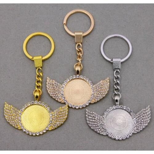 2pcsKeychain Angel Wings Bezel Blank Fit 25mm Cameo Glass Cabochon Base Setting DIY Keychain Key ring Supplies For Jewelry