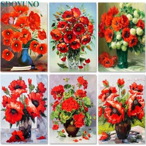 SDOYUNO Drawing By Numbers Red Flowers DIY Oil Painting By Numbers On Canvas 60x75cm Number Painting Home Decor Wall Art