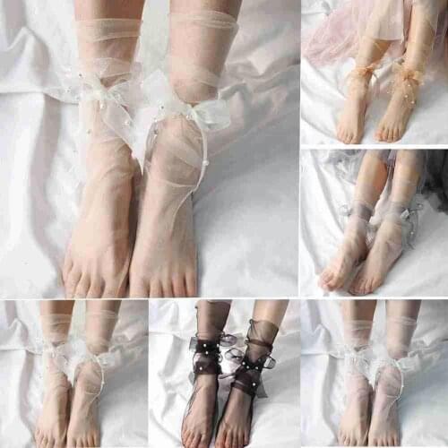 Summer Ultra-Thin Tulle Socks Women Transparent Pearls Lace calcetines Female Chiffon Funny Socks Up mujer Socks Streetwear J3M1