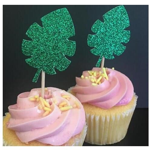 Glitter green Hawaiian Leaf wedding cupcake toppers birthday party cake decoration bridal shower doughnut food picks