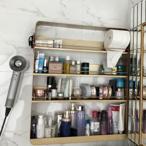 Nordic bathroom, dresser rack, wall locker, gold, iron, multi layer cosmetics perfume storage rack