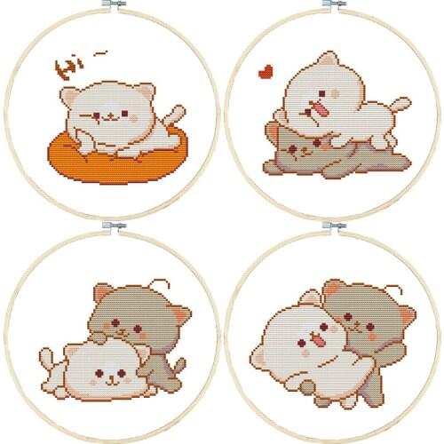 Joy Sunday Small Simple Embroidery Cartoons Cats Animal Cross-stitch Kit Beginner Novice Childrens Embroidery Loading Frame Set