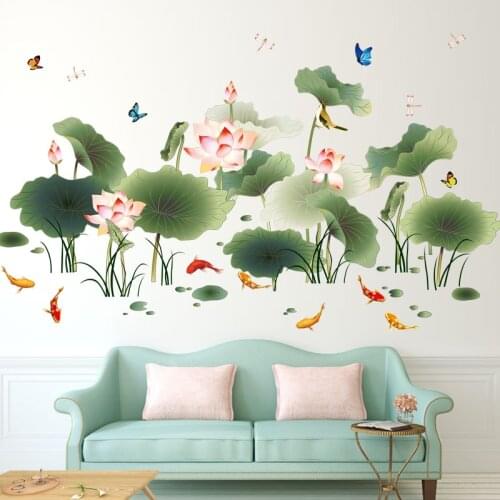 Lotus Flower Wall Stickers Home Office Decor Chinese Style Living Room Backdrop Wall Decals Boy Girl Room Decoration Large Mural