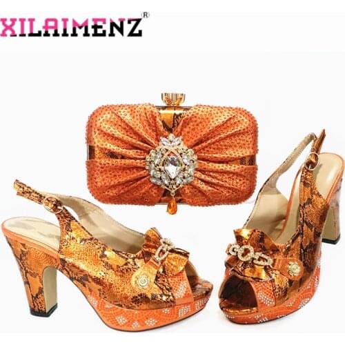 Orange Color Special Design Nigerian Women Shoes and Bag Set Leisure Style Peep Toe Sandals for Evening Dress