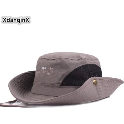 XdanqinX Summer Adult Mens Bucket Hats Mesh Breathable Visor Wind Rope Fixed Fitted Fishing Cap For Men Panama Sunhat Dad Hat
