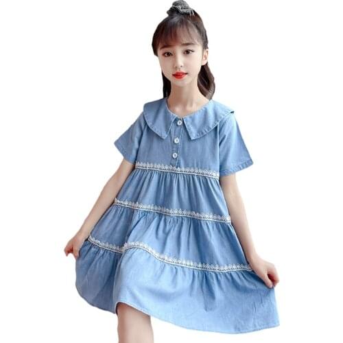 Dress Girl Lace Party Girl Denim Dress Casual Style Children Party Dress Summer Girl Costume 6 8 10 12 14