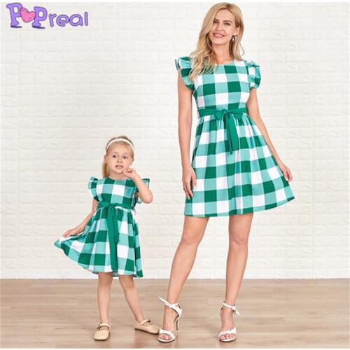 PopReal Parent-Child Outfit Mini Mother Dress Fashion Mom And Daughter Skirt Family Matching Outfits O-Neck Plaid Print