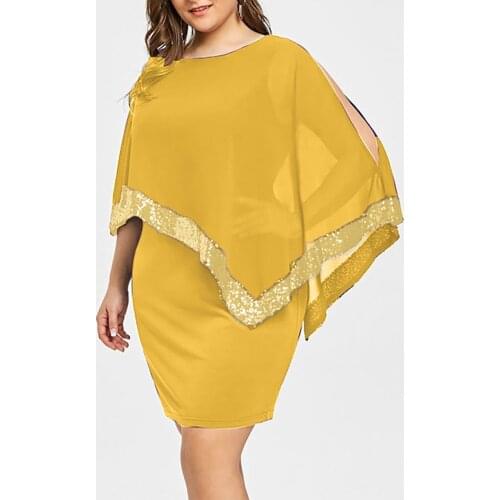 S-5Xl Large Size Dress Women Cold Shoulder Cover Asymmetric Chiffon Off Shoulder Sequin Dress Tights Dress Party Z1231