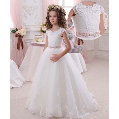 Cap Sleeve O-Neck Cute Lace Puffy Princess Dress Little Flower Girls Wedding Dress Party Dress for Small Girls from 3-12 ages