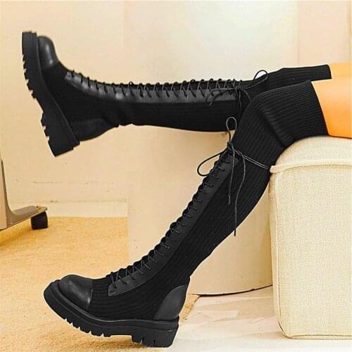 Punk Goth Women Cow Leather Round Toe StretchyThigh High Boots Over the Knee Platform Creeper Shoes Party Oxfords EUR35 -43