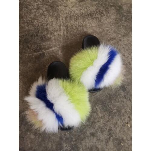 UK big size multicolor women fur slides fluffy fashion fox fur slippers with