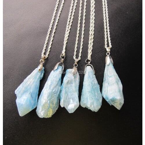 Worth Buying Natural Ocean Blue Quartz Point Necklace With Silvers chain 18" 5pcs/lot