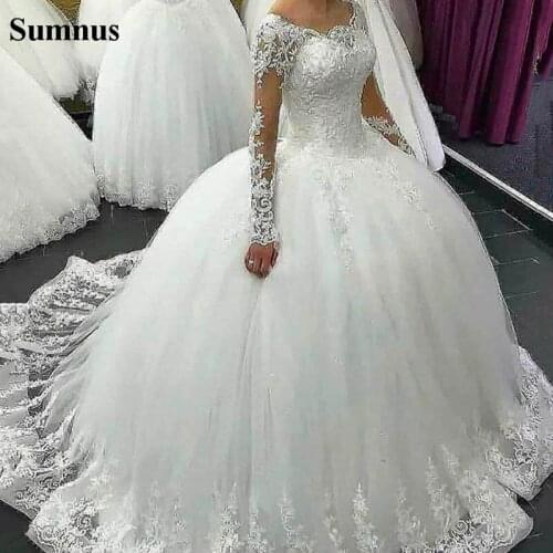 Sumnus Lace Wedding Dresses For Women Lace Appliques Long Sleeves Ball Gown Tull Bridal Gowns Custom vestidos de noiva
