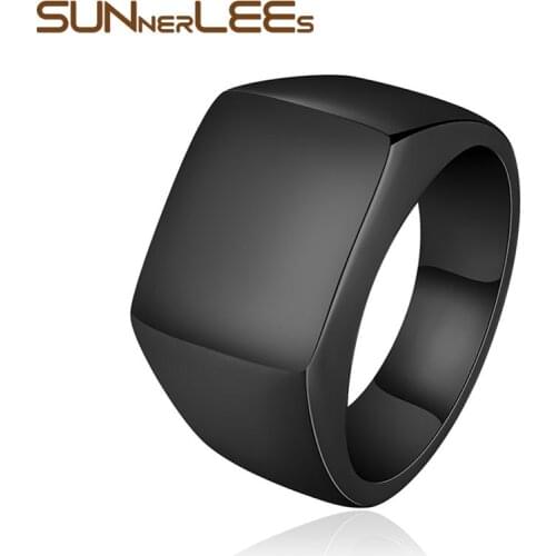 SUNNERLEES Titanium Stainless Steel Rings 13mm Simple Square Design Smooth Black Silver Color Gold Plated Men Jewelry RC-294