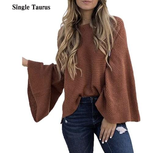 Elegant Casual Oversized Female Sweater Flare Sleeve Fashion Autumn Loose Pullover Winter Knitted Ladies Jumper White Tops 2020